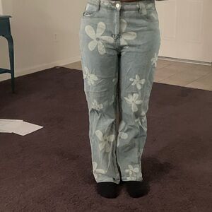 SHEIN Light Blue Floral Straight Leg Jeans